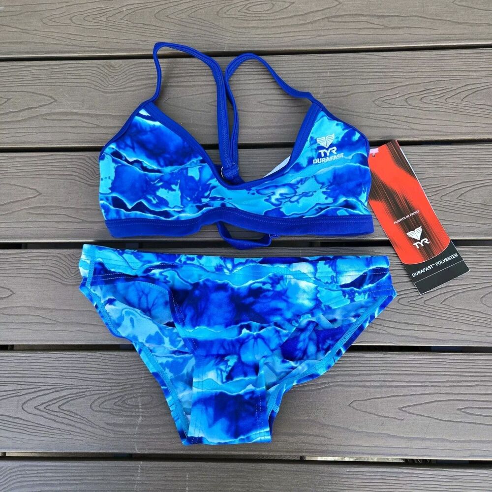 TYR Women's Durafast Blue Admiral Ringback Workout Bikini Set Sz M  NEW